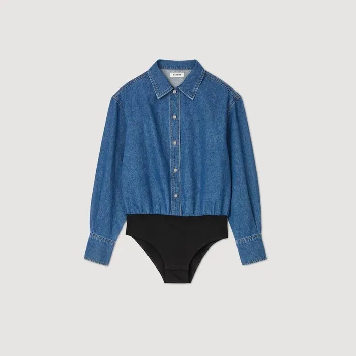 Jumpsuits Women SANDRO Denim Shirt Bodysuit Blue Jean