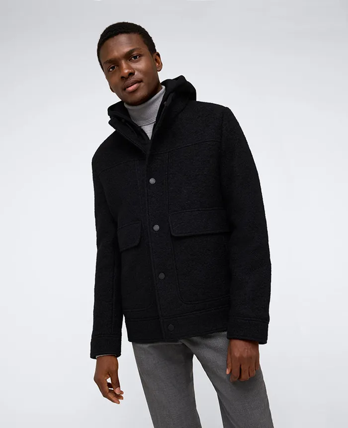 Kenneth Cole Jackets and Outerwear Men Boucle Wool Jacket With Attached Jersey Hood Black