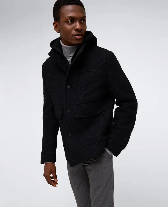 Kenneth Cole Jackets and Outerwear Men Boucle Wool Jacket With Attached Jersey Hood Black Kenneth Cole Jackets and Outerwear Men Boucle Wool Jacket With Attached Jersey Hood Black