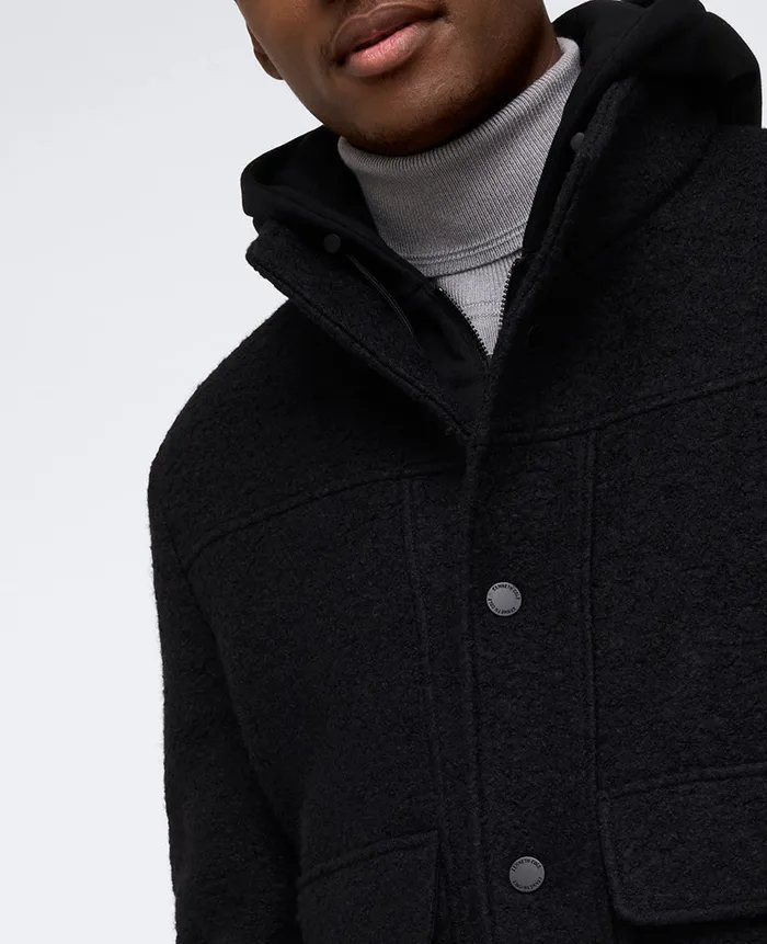 Kenneth Cole Jackets and Outerwear Men Boucle Wool Jacket With Attached Jersey Hood Black Kenneth Cole Jackets and Outerwear Men Boucle Wool Jacket With Attached Jersey Hood Black