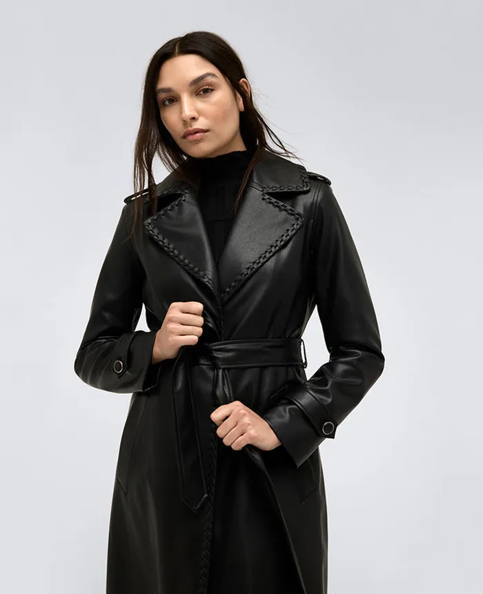 Kenneth Cole Outerwear Women Faux Leather Belted Trench Black