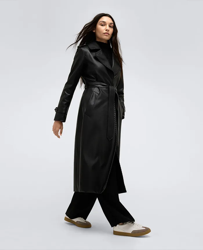 Kenneth Cole Outerwear Women Faux Leather Belted Trench Black