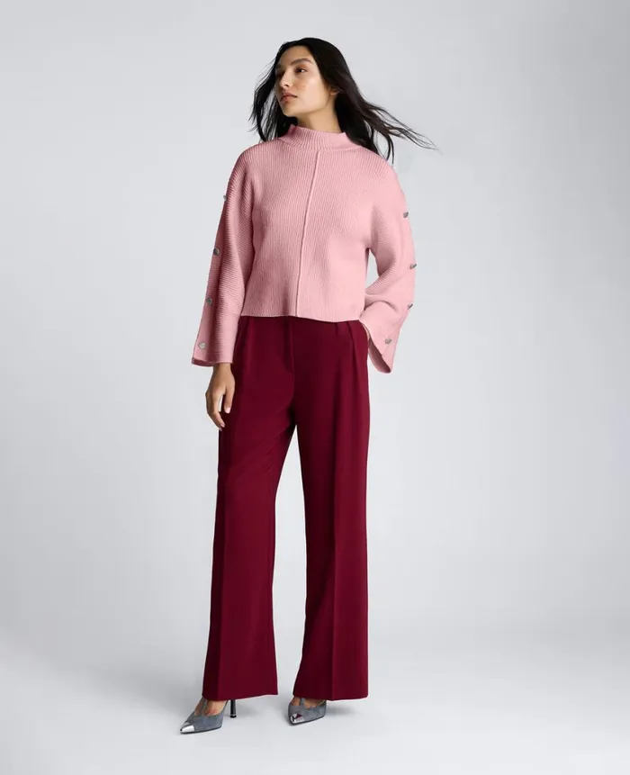Kenneth Cole Sweaters Women Mock Neck Pullover Sweater With Placket Sleeve Pink