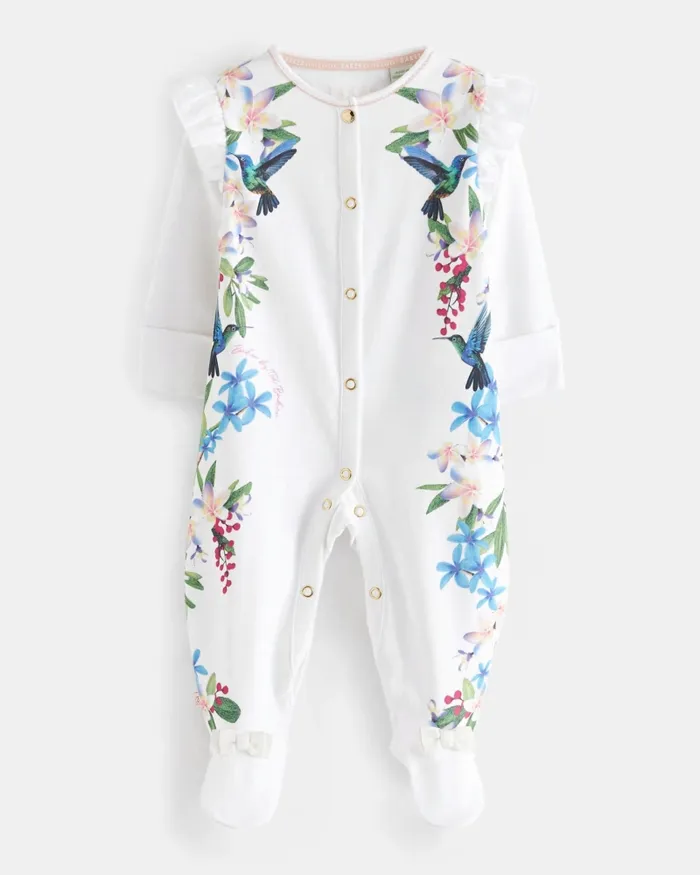 Kids ODETTYY 8211 Botanical Cotton Sleepsuit With Frill Detail White Ted Baker Playsuits and Sets