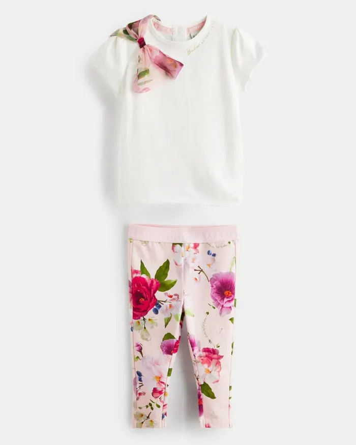 Kids SCARLTE 8211 Organza Bow TShirt And Print Leggings Set Pink Ted Baker Playsuits and Sets