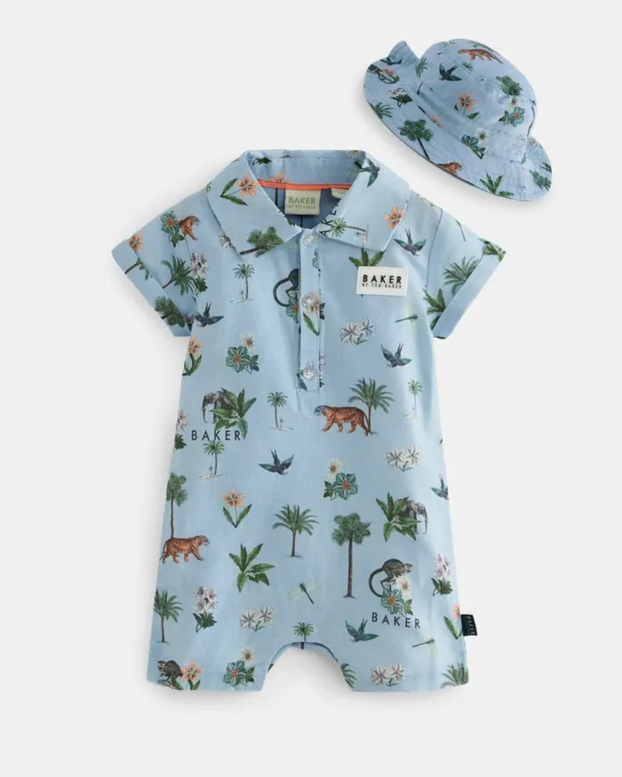 Kids STOYAN 8211 Printed Linen Cotton Romper And Hat Set Blue Ted Baker Baby Kids STOYAN 8211 Printed Linen Cotton Romper And Hat Set Blue Ted Baker Baby