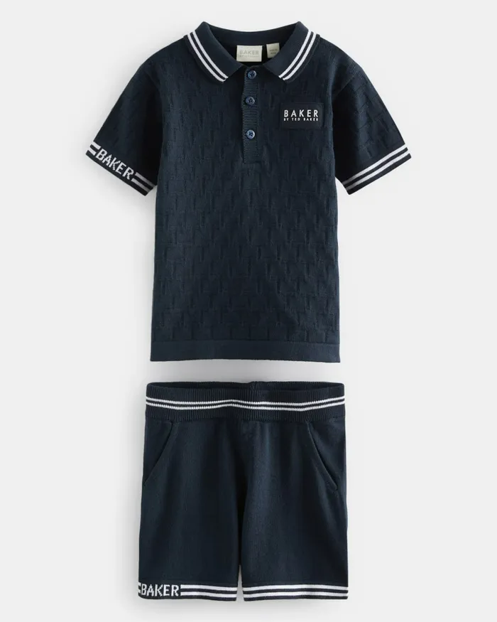 Kids TIBERIU 8211 Knitted Polo Shirt And Shorts Set Navy Ted Baker Tops