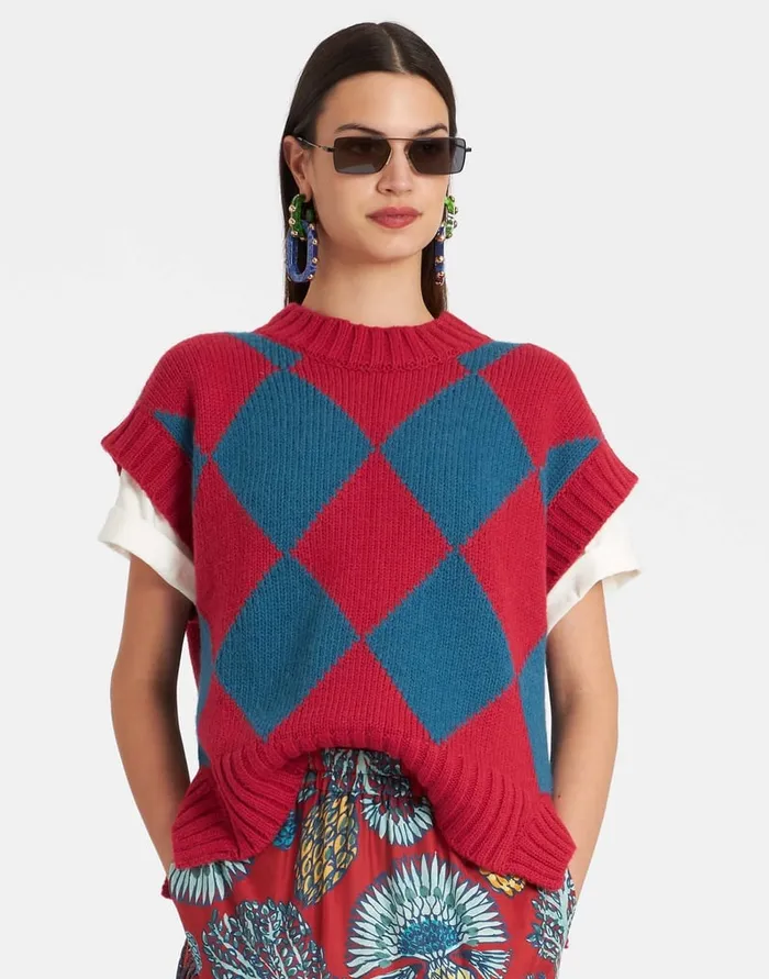 La Doublej Argyle Gilet Red and Blue In Wool Women Knitwear