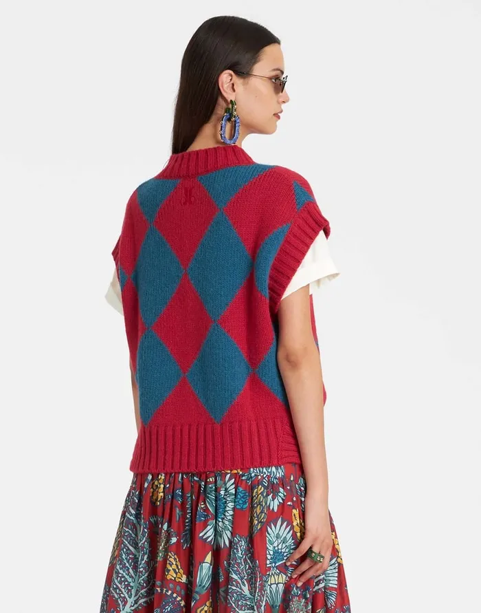 La Doublej Argyle Gilet Red and Blue In Wool Women Knitwear