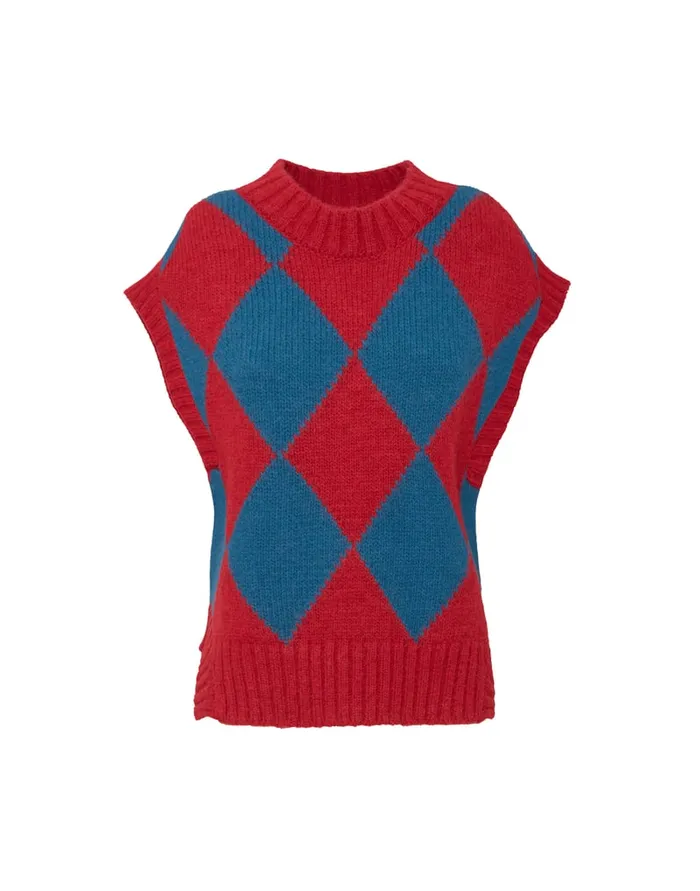 La Doublej Argyle Gilet Red and Blue In Wool Women Knitwear