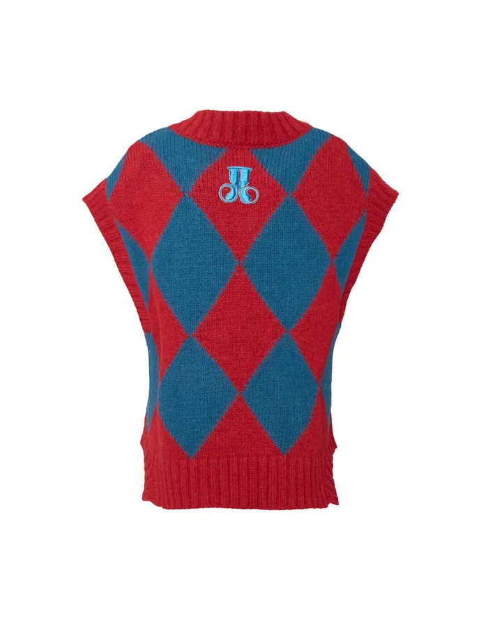 La Doublej Argyle Gilet Red and Blue In Wool Women Knitwear