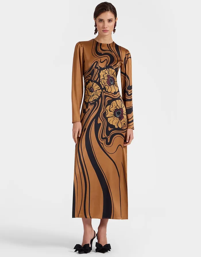 La Doublej Clingy Swing Big Blooms Place Brown In Stretch Satin Women Dresses