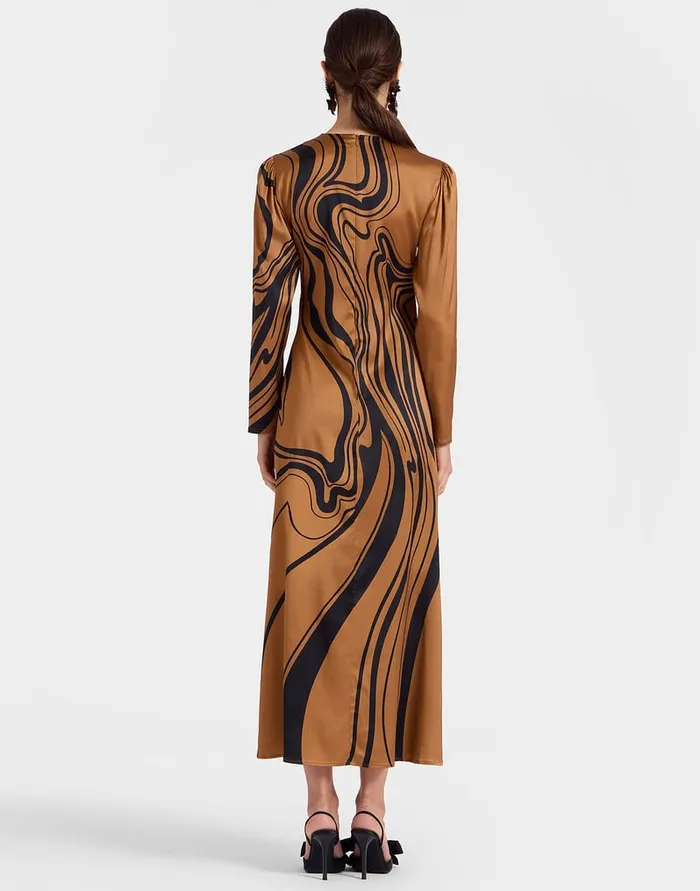 La Doublej Clingy Swing Big Blooms Place Brown In Stretch Satin Women Dresses