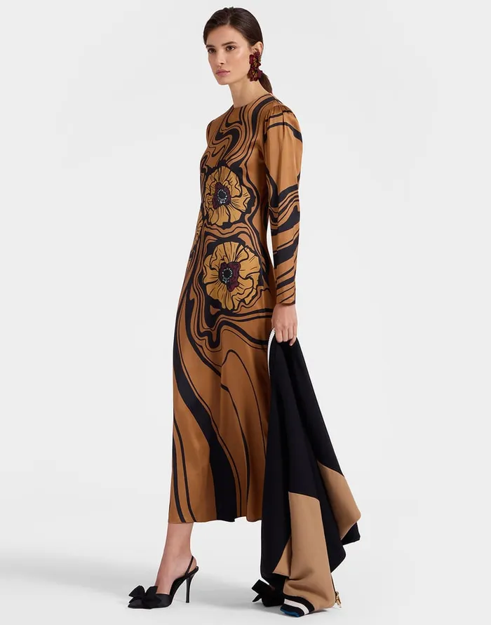 La Doublej Clingy Swing Big Blooms Place Brown In Stretch Satin Women Dresses