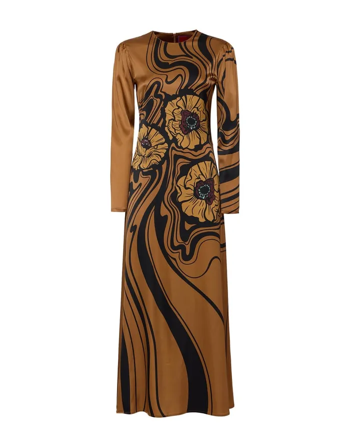 La Doublej Clingy Swing Big Blooms Place Brown In Stretch Satin Women Dresses