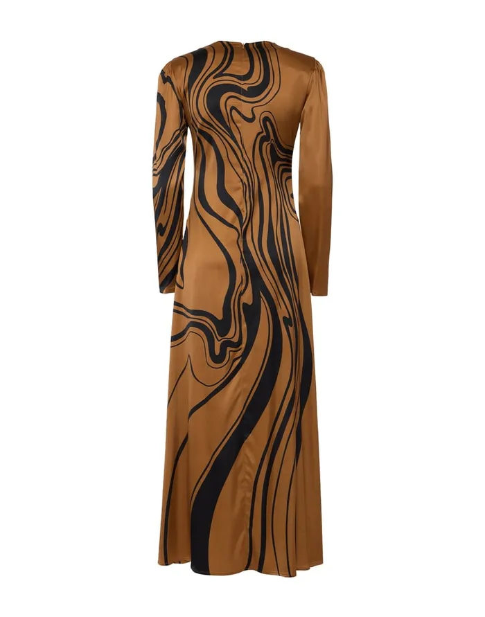 La Doublej Clingy Swing Big Blooms Place Brown In Stretch Satin Women Dresses