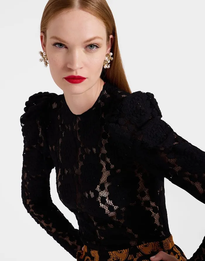 La Doublej Clingy Top Solid Black In Stretch Lace Women Shirts and Tops