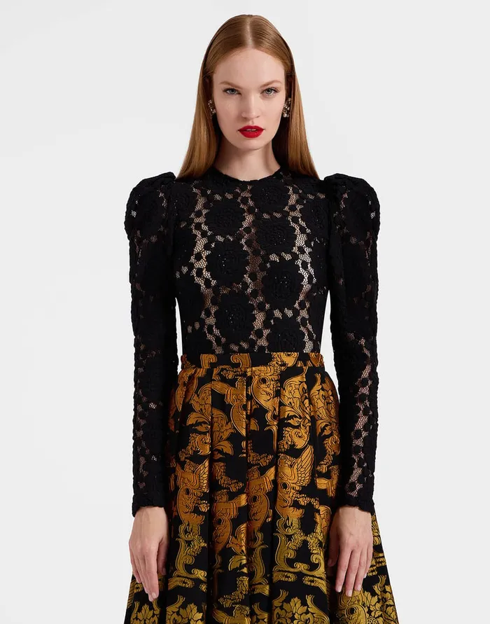 La Doublej Clingy Top Solid Black In Stretch Lace Women Shirts and Tops