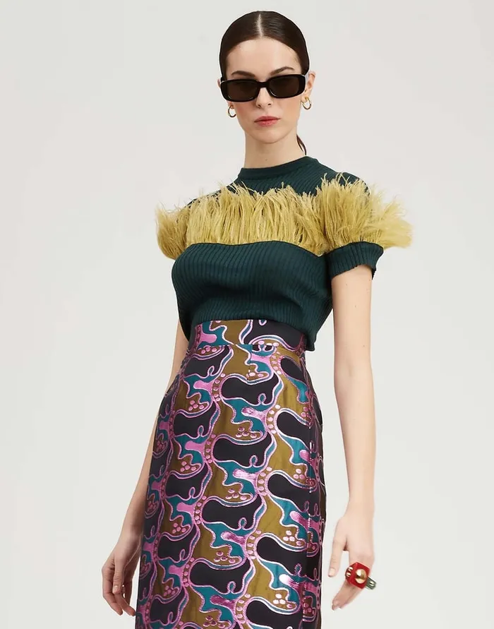 La Doublej High Kick Tee Green In Ribbed Silk Cashmere With Feathers Women Knitwear