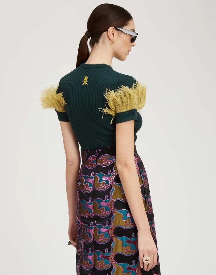 La Doublej High Kick Tee Green In Ribbed Silk Cashmere With Feathers Women Knitwear