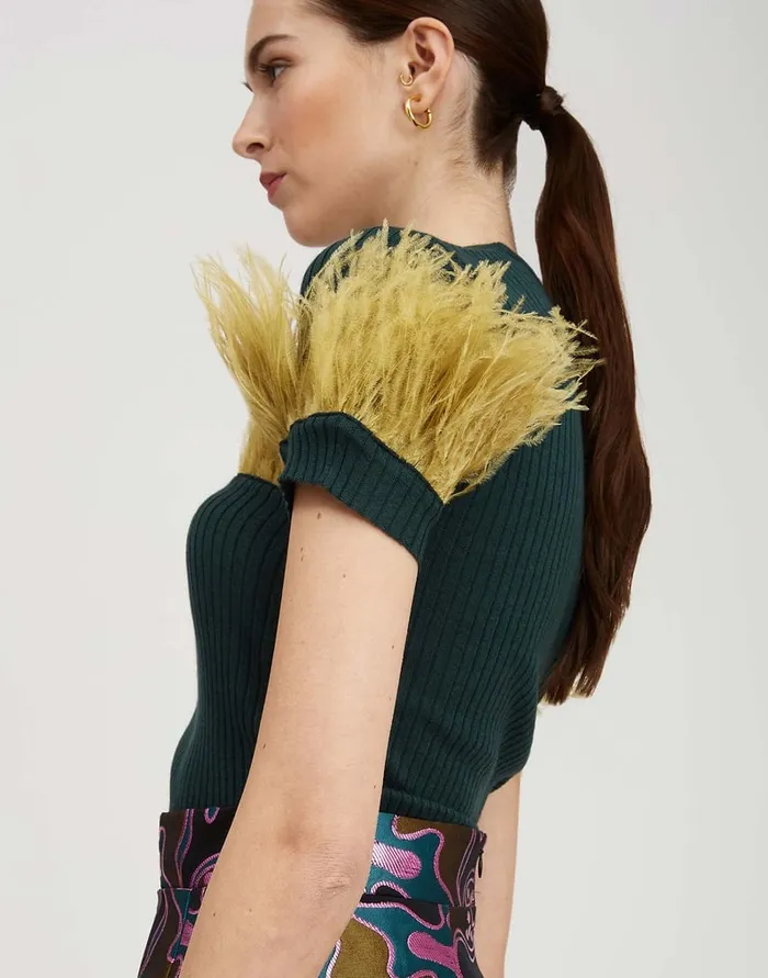 La Doublej High Kick Tee Green In Ribbed Silk Cashmere With Feathers Women Knitwear