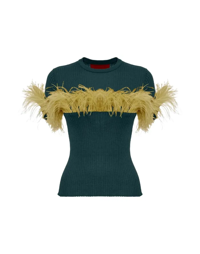 La Doublej High Kick Tee Green In Ribbed Silk Cashmere With Feathers Women Knitwear