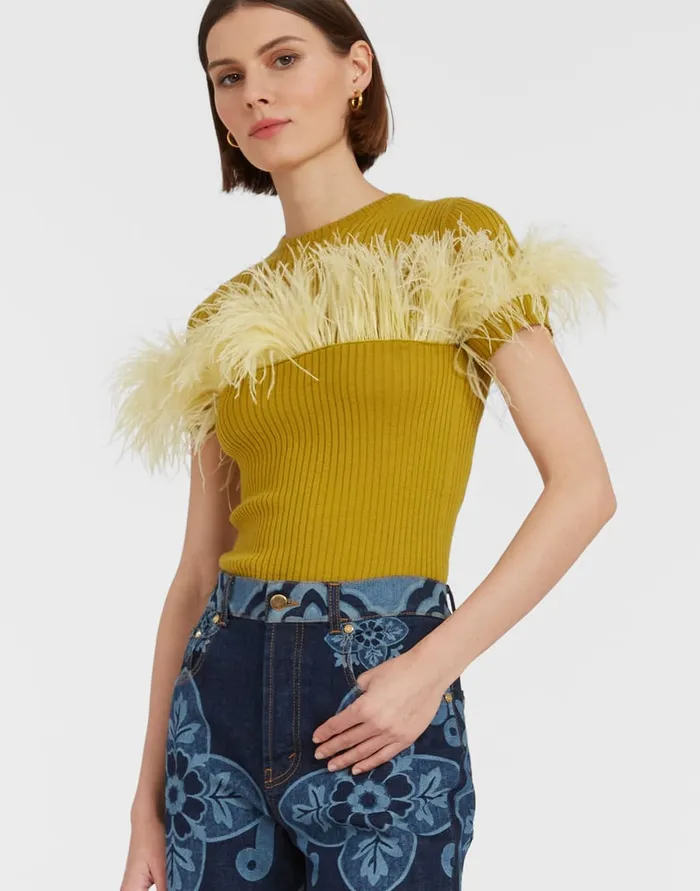 La Doublej High Kick Tee Lime In Ribbed Silk Cashmere With Feathers Women Knitwear