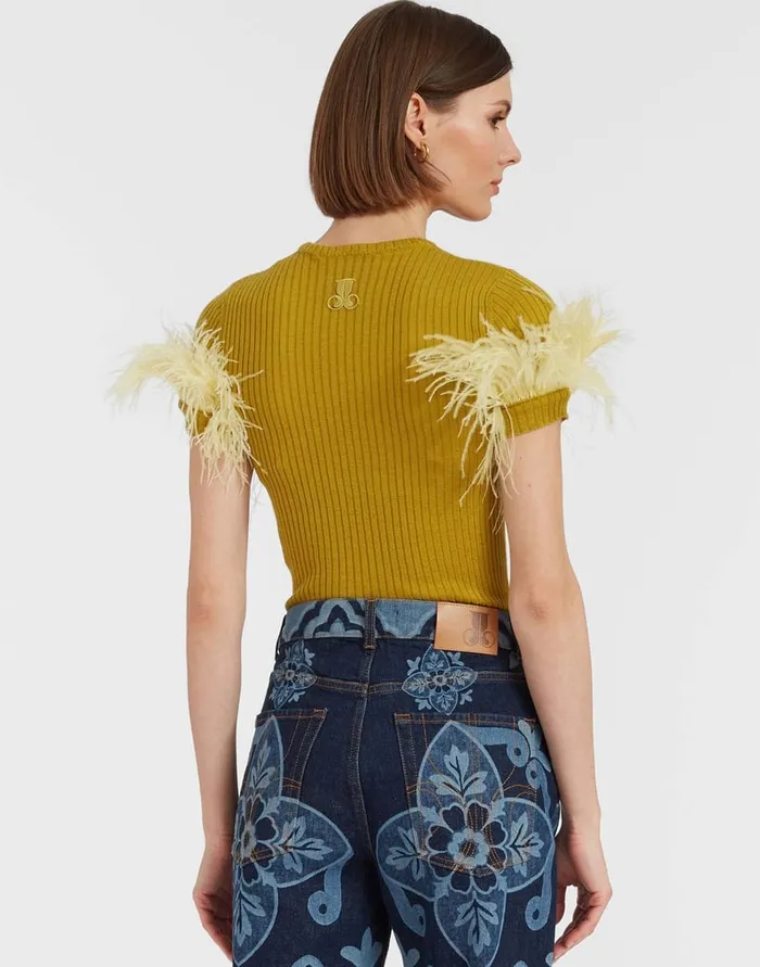 La Doublej High Kick Tee Lime In Ribbed Silk Cashmere With Feathers Women Knitwear