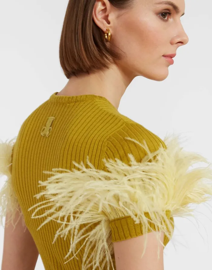 La Doublej High Kick Tee Lime In Ribbed Silk Cashmere With Feathers Women Knitwear
