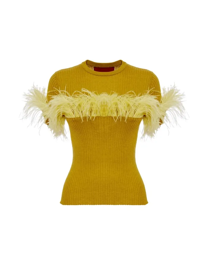 La Doublej High Kick Tee Lime In Ribbed Silk Cashmere With Feathers Women Knitwear