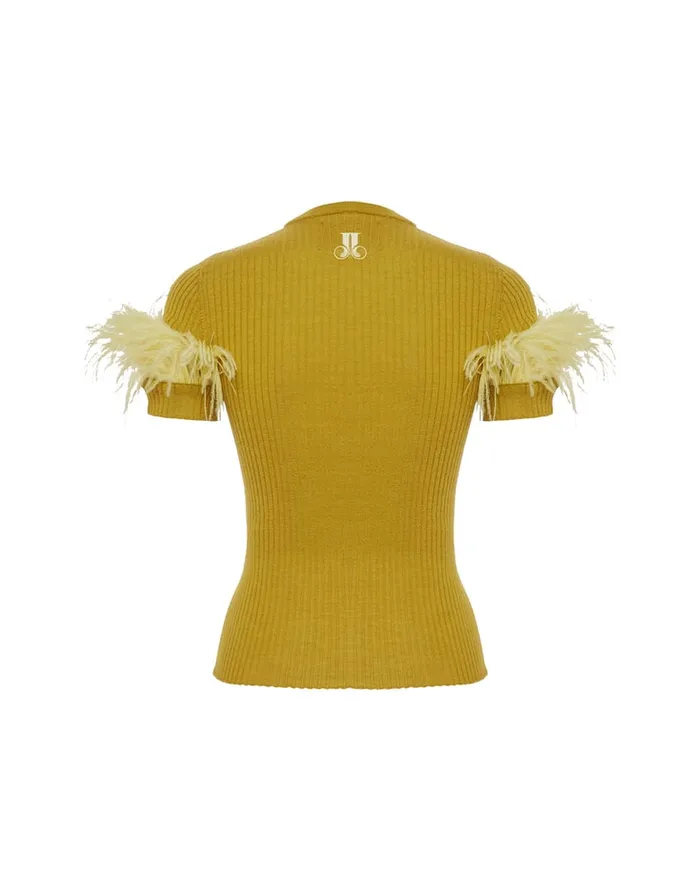 La Doublej High Kick Tee Lime In Ribbed Silk Cashmere With Feathers Women Knitwear