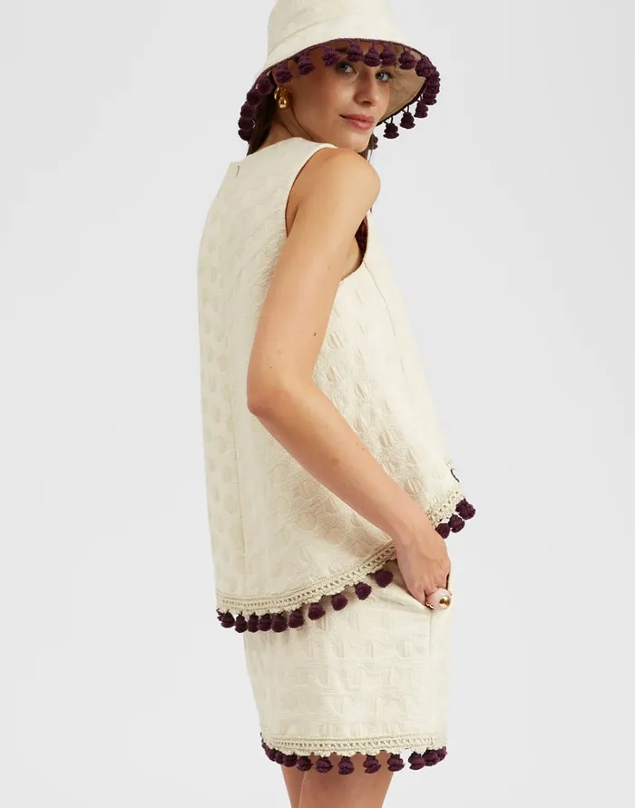 La Doublej La Scala Top Creamy In Jacquard With Tassels Women Shirts and Tops