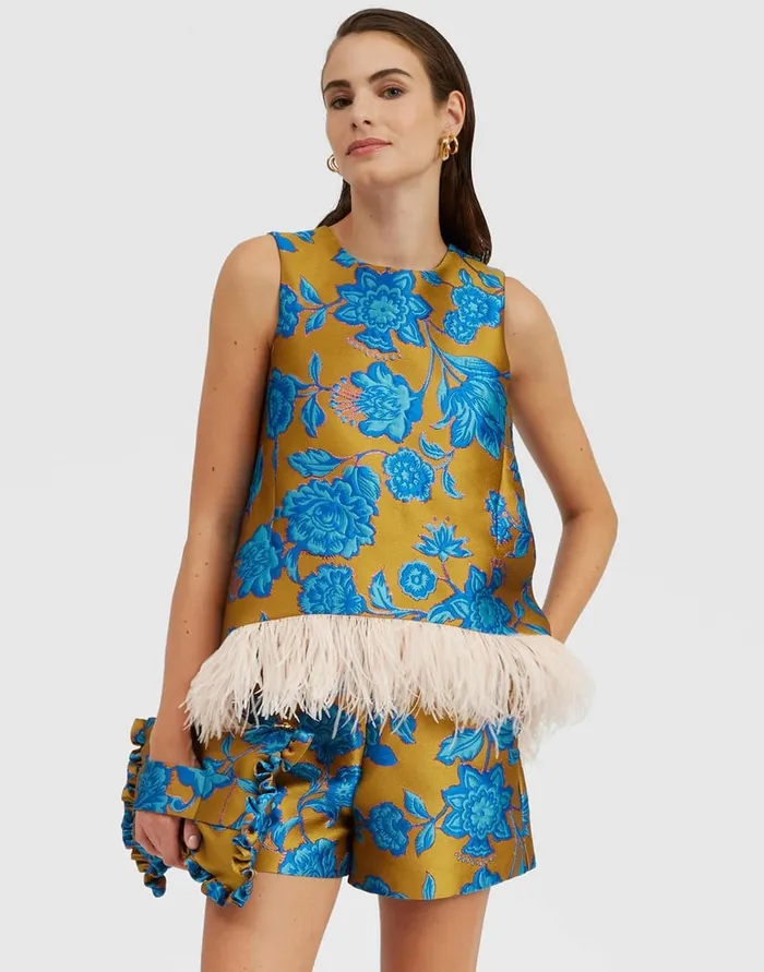 La Doublej La Scala Top Hottie Turquoise In Jacquard With Feathers Women Shirts and Tops