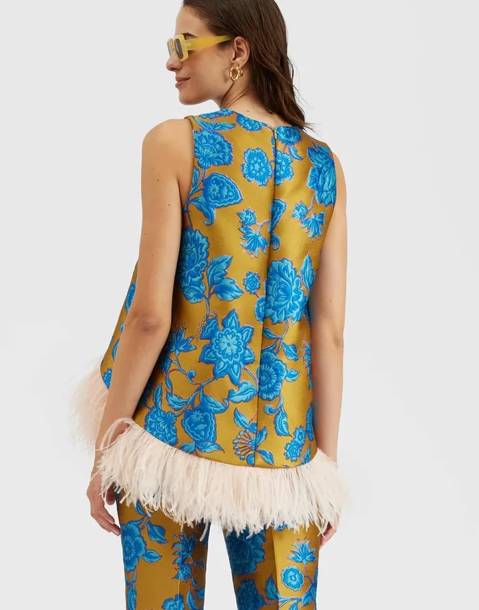 La Doublej La Scala Top Hottie Turquoise In Jacquard With Feathers Women Shirts and Tops
