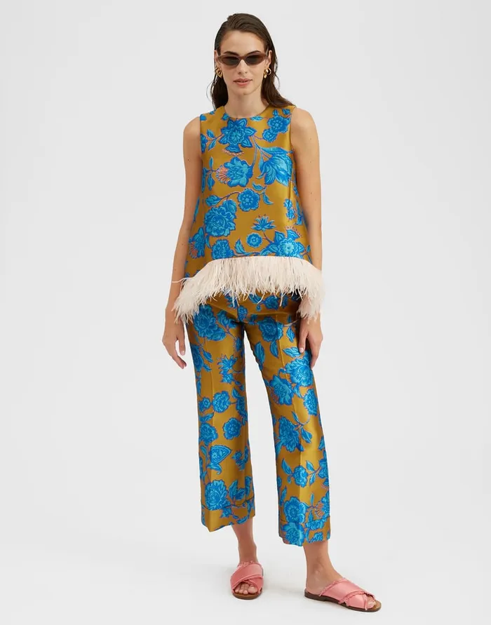 La Doublej La Scala Top Hottie Turquoise In Jacquard With Feathers Women Shirts and Tops
