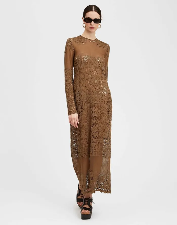 La Doublej Lacey Long Sleeve Swing Dress Military Green In Cotton Lace Women Dresses