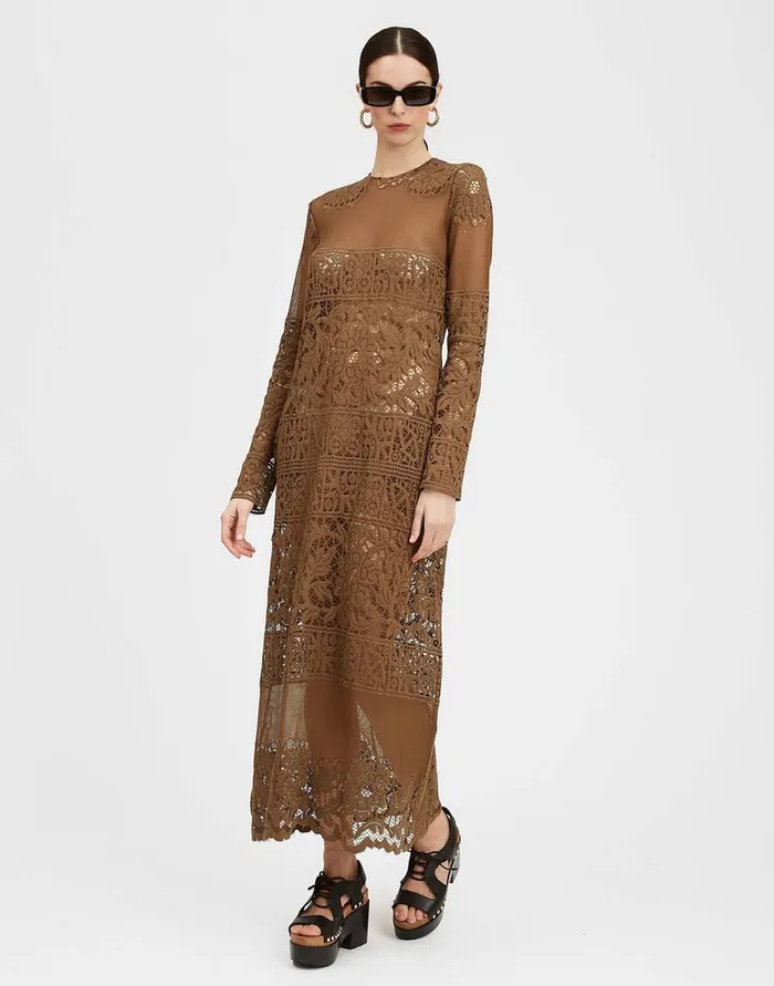 La Doublej Lacey Long Sleeve Swing Dress Military Green In Cotton Lace Women Dresses