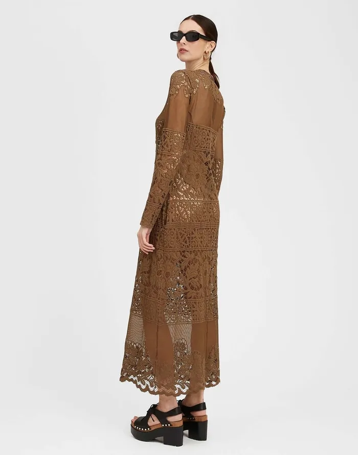 La Doublej Lacey Long Sleeve Swing Dress Military Green In Cotton Lace Women Dresses
