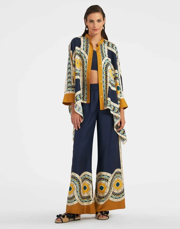 La Doublej Palazzo Pants Mudejar Place Blue In Silk Twill Women Shorts and Pants