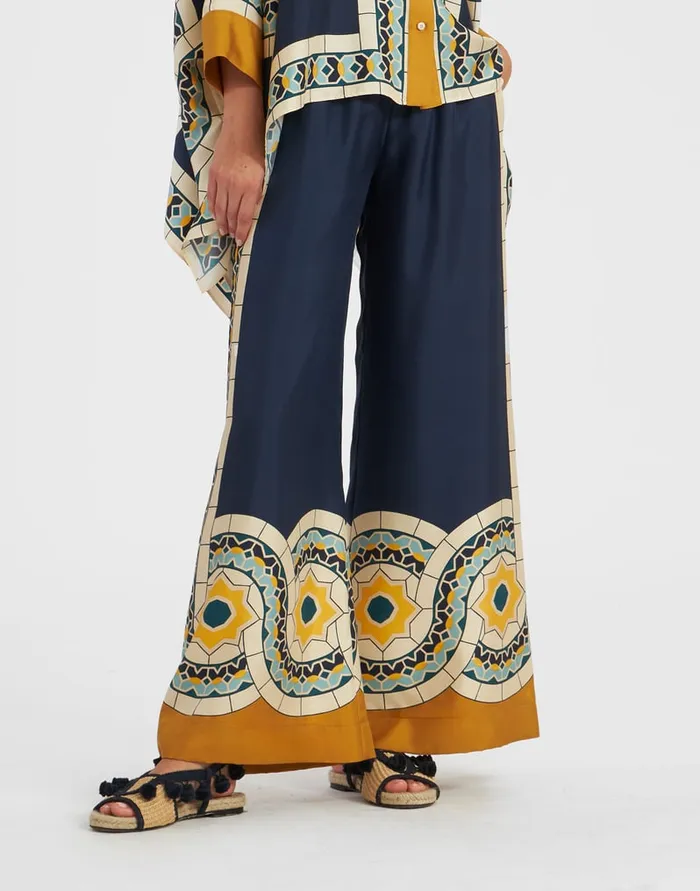 La Doublej Palazzo Pants Mudejar Place Blue In Silk Twill Women Shorts and Pants