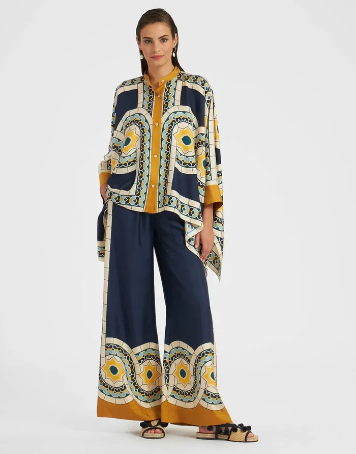 La Doublej Palazzo Pants Mudejar Place Blue In Silk Twill Women Shorts and Pants