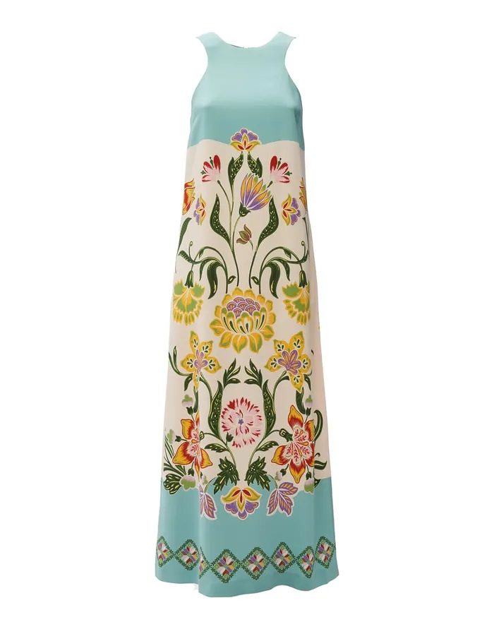 La Doublej Racer Dress Folk Flowers Azzurro Place In Viscose Jersey Women Dresses