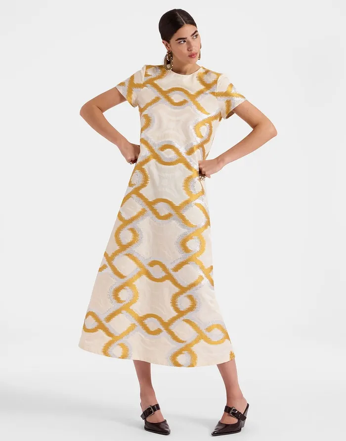 La Doublej Super Swing Dress Tackle Gold In Jacquard Women Party Dressing