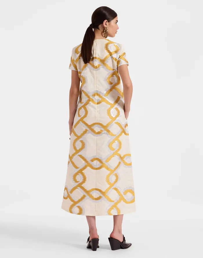 La Doublej Super Swing Dress Tackle Gold In Jacquard Women Party Dressing