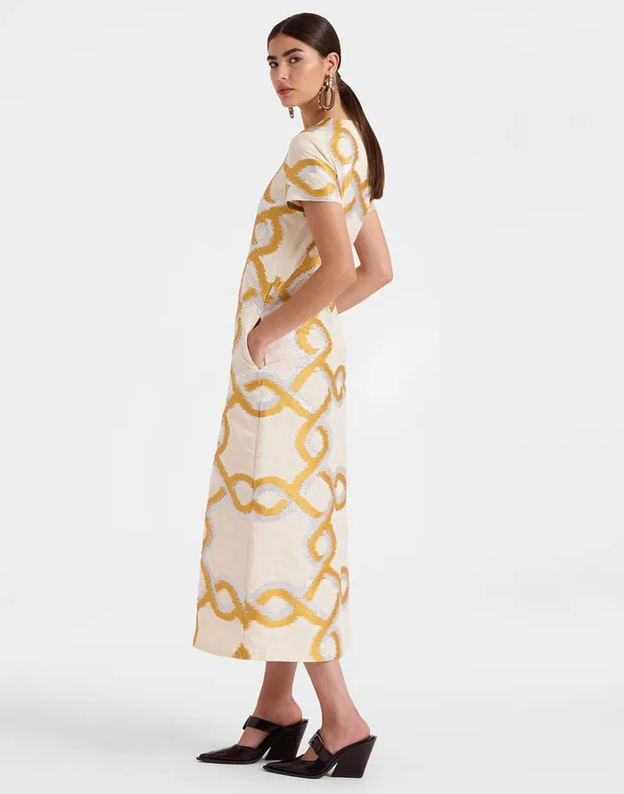 La Doublej Super Swing Dress Tackle Gold In Jacquard Women Party Dressing