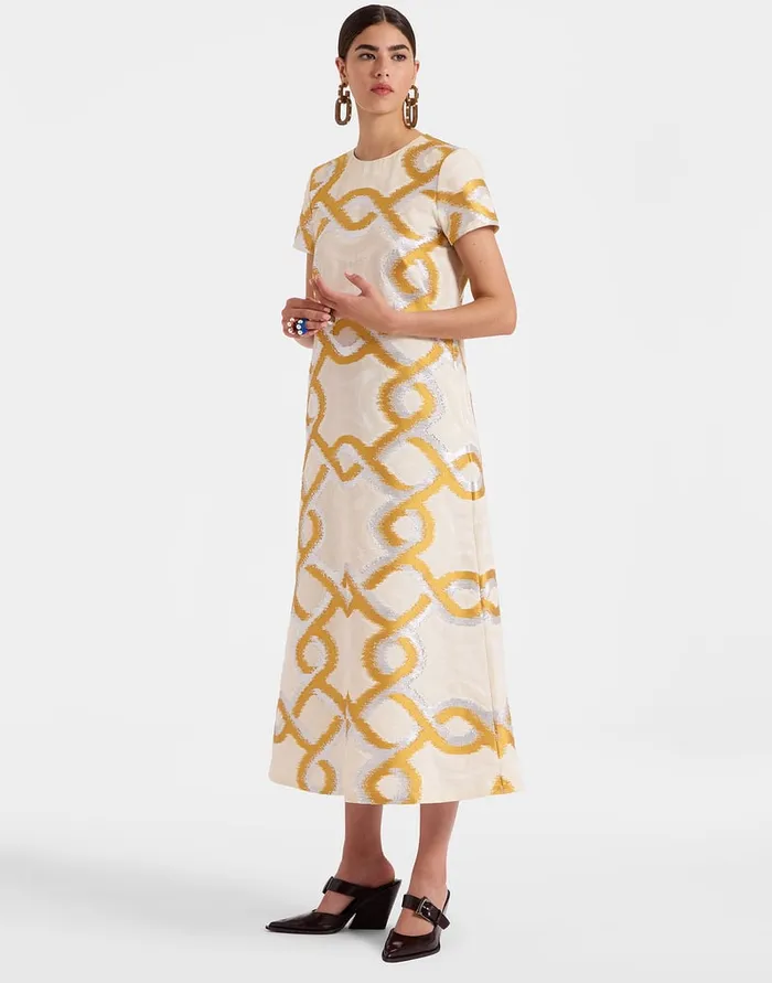 La Doublej Super Swing Dress Tackle Gold In Jacquard Women Party Dressing