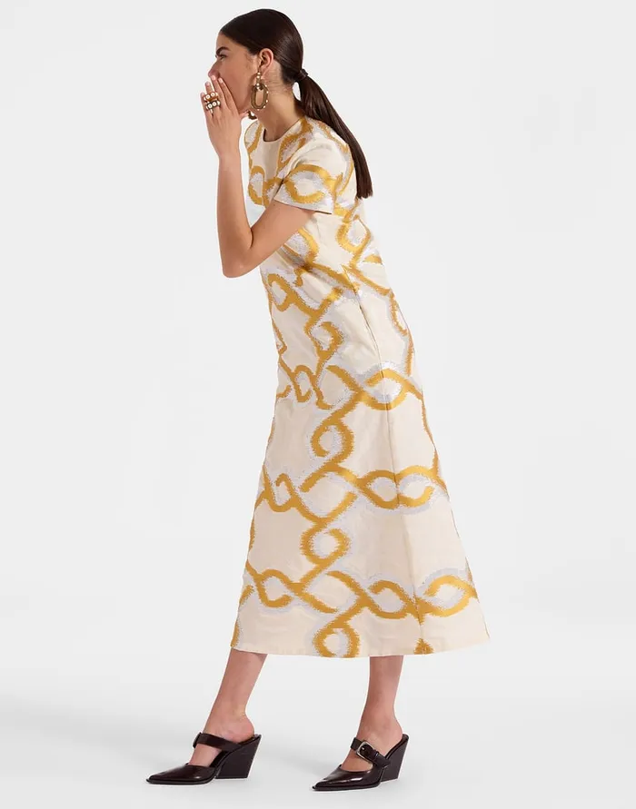 La Doublej Super Swing Dress Tackle Gold In Jacquard Women Party Dressing