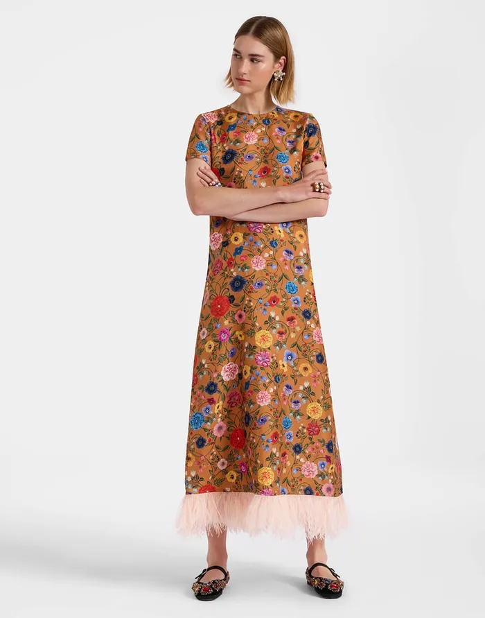 La Doublej Swing Dress Botticelli Rust In Silk Twill With Feathers Women Party Dressing