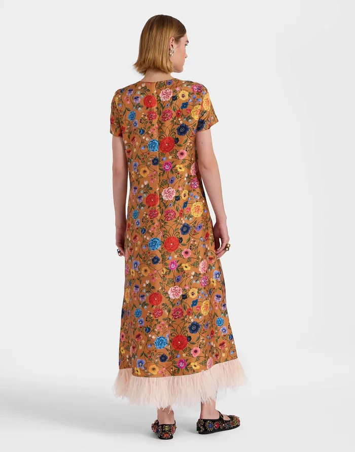 La Doublej Swing Dress Botticelli Rust In Silk Twill With Feathers Women Party Dressing