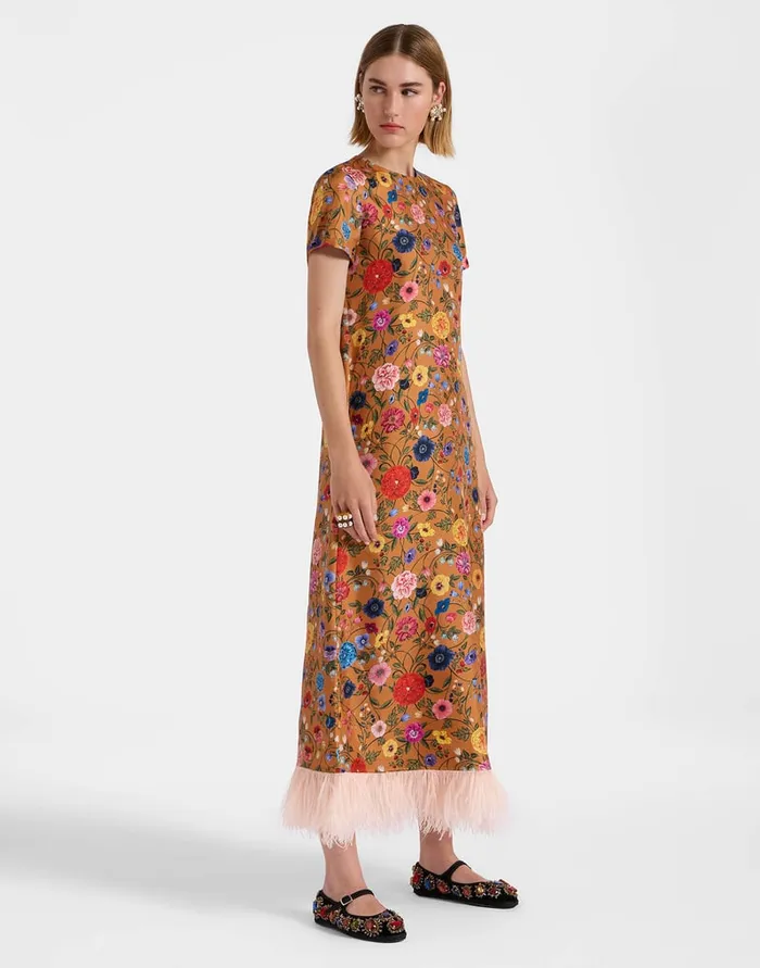 La Doublej Swing Dress Botticelli Rust In Silk Twill With Feathers Women Party Dressing